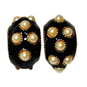 RJ Graziano Clip On Black Enameled Gold Plated and White Pearls Earrings